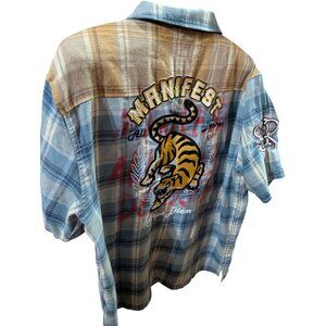 Smoke Rise Plaid Shirt With Embroidered Tiger & Manifest Text In Blue XXL